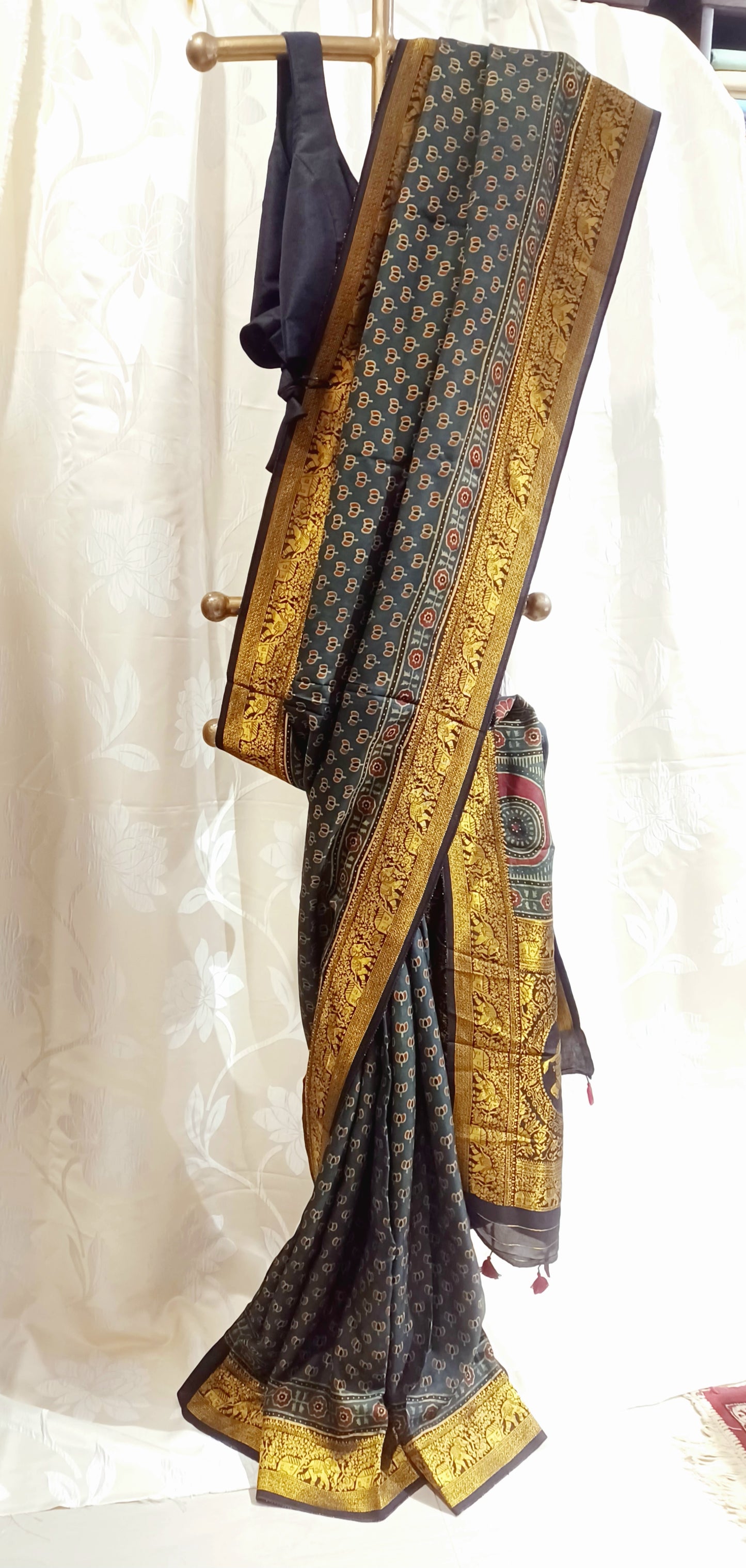 Dark Green Dola silk Ajrakh print saree