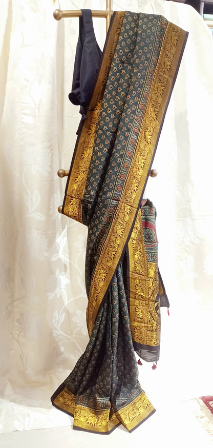 Dark Green Dola silk Ajrakh print saree
