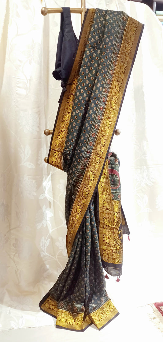 Dark Green Dola silk Ajrakh print saree