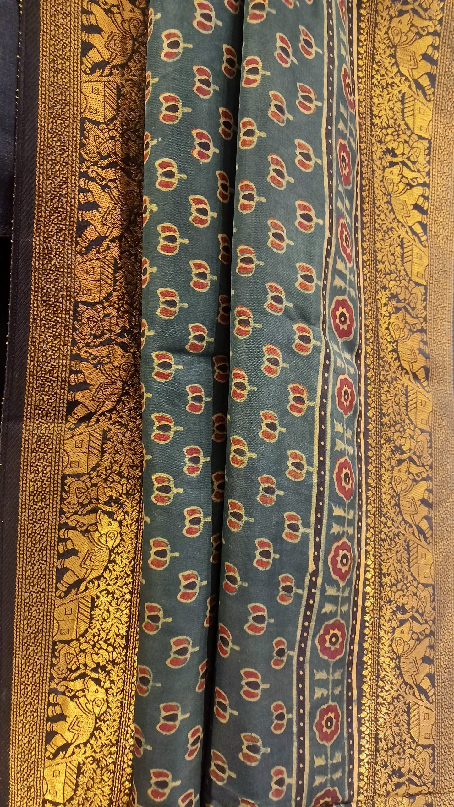 Dark Green Dola silk Ajrakh print saree