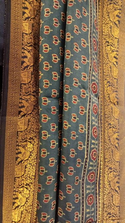 Dark Green Dola silk Ajrakh print saree