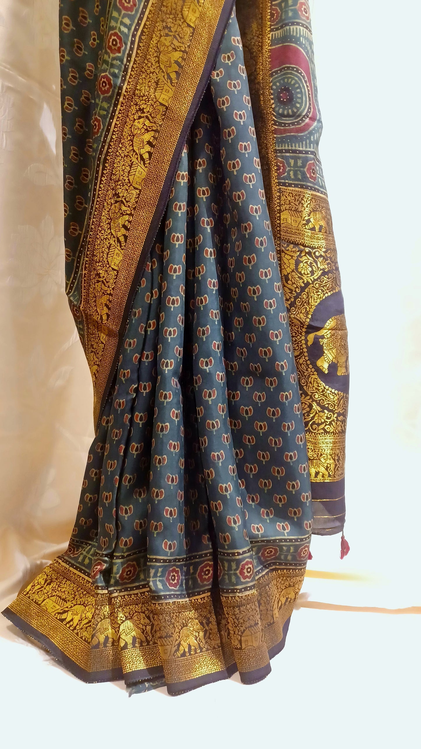 Dark Green Dola silk Ajrakh print saree