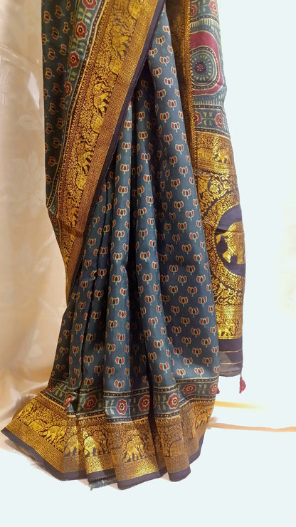 Dark Green Dola silk Ajrakh print saree