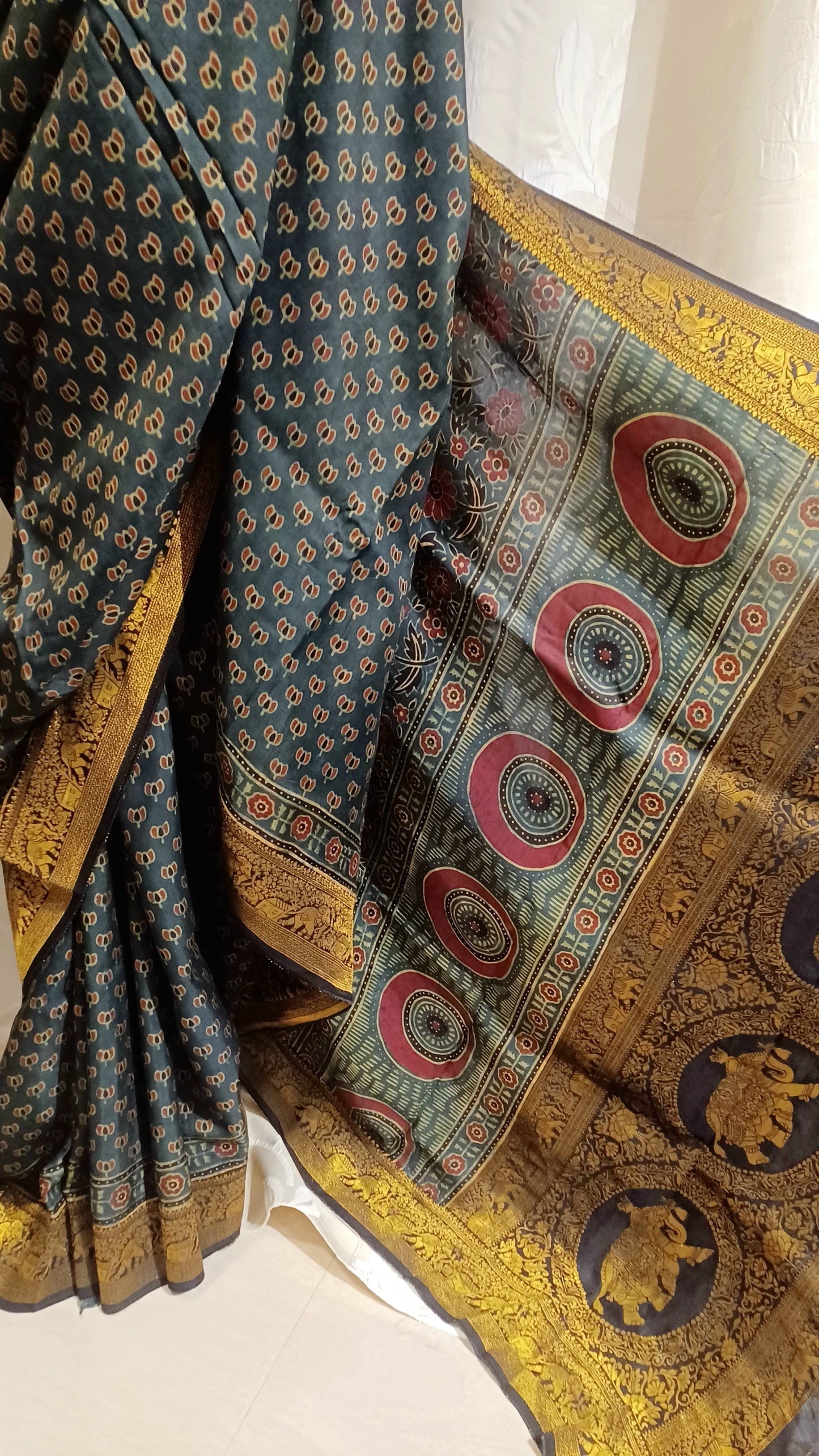 Dark Green Dola silk Ajrakh print saree