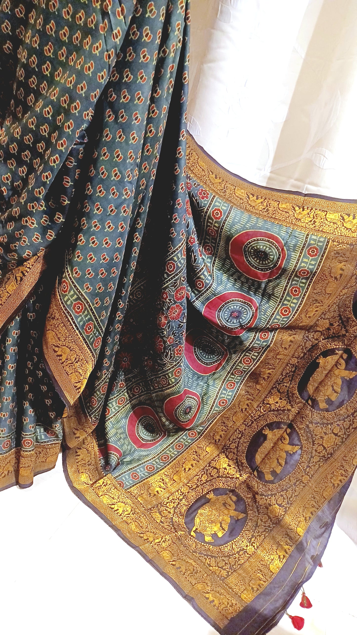 Dark Green Dola silk Ajrakh print saree