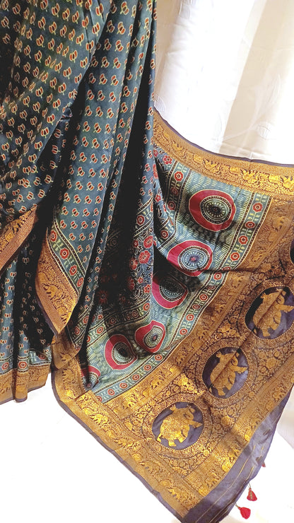 Dark Green Dola silk Ajrakh print saree