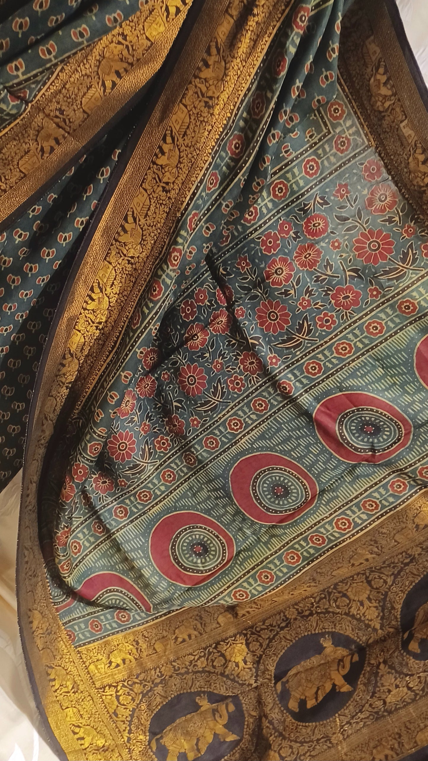 Dark Green Dola silk Ajrakh print saree