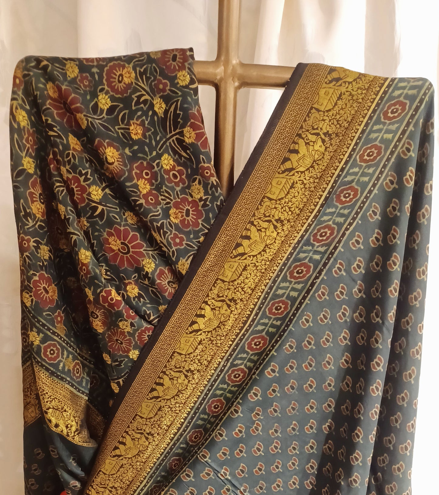 Dark Green Dola silk Ajrakh print saree