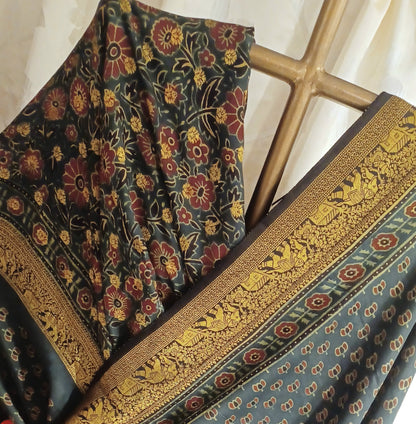Dark Green Dola silk Ajrakh print saree