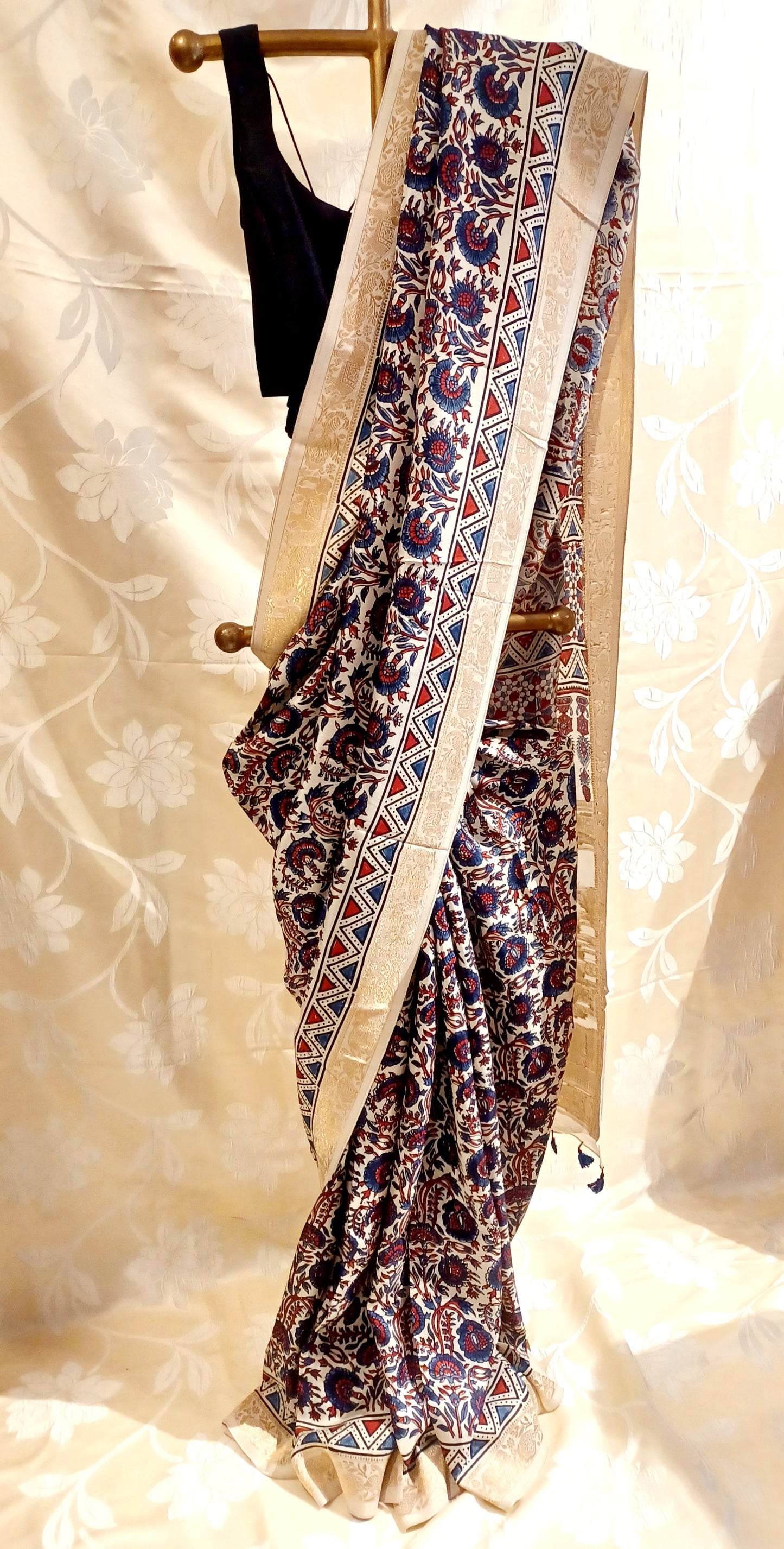 Off-white Dola Silk with Indigo and Red Ajrakh print saree