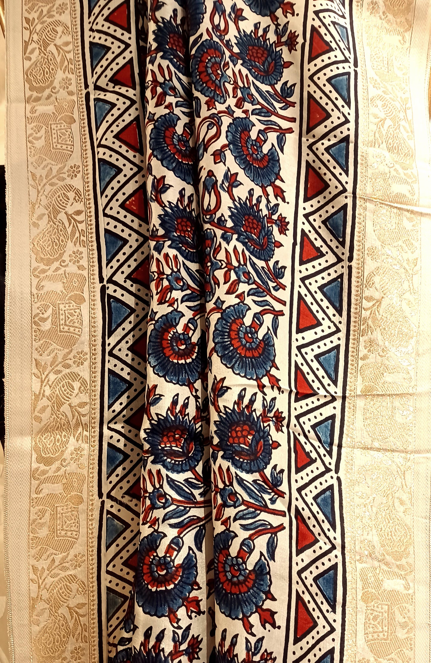 Off-white Dola Silk with Indigo and Red Ajrakh print saree