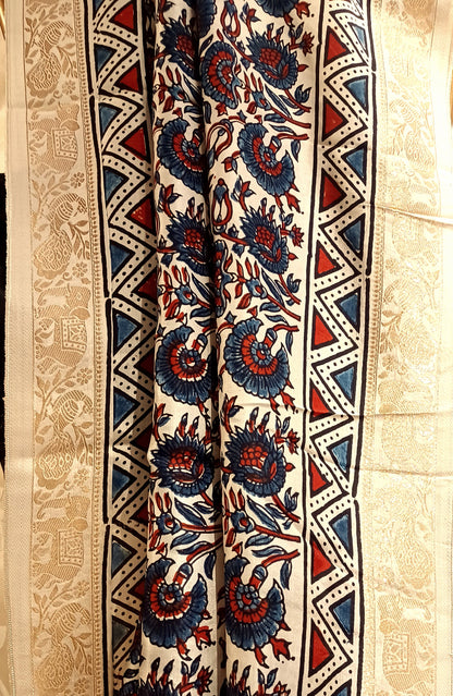 Off-white Dola Silk with Indigo and Red Ajrakh print saree