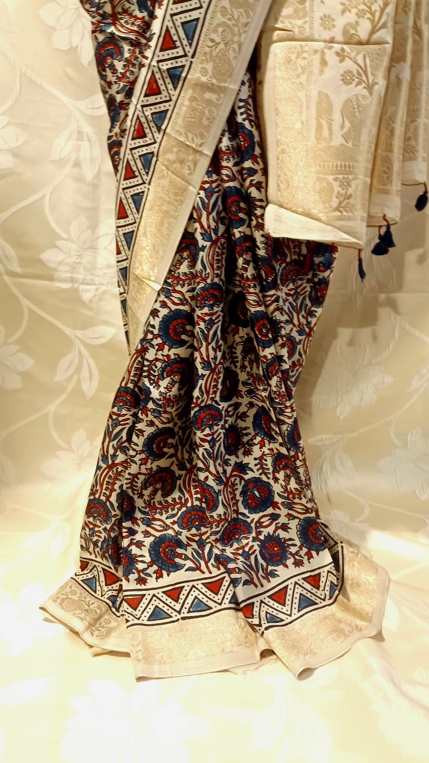 Off-white Dola Silk with Indigo and Red Ajrakh print saree