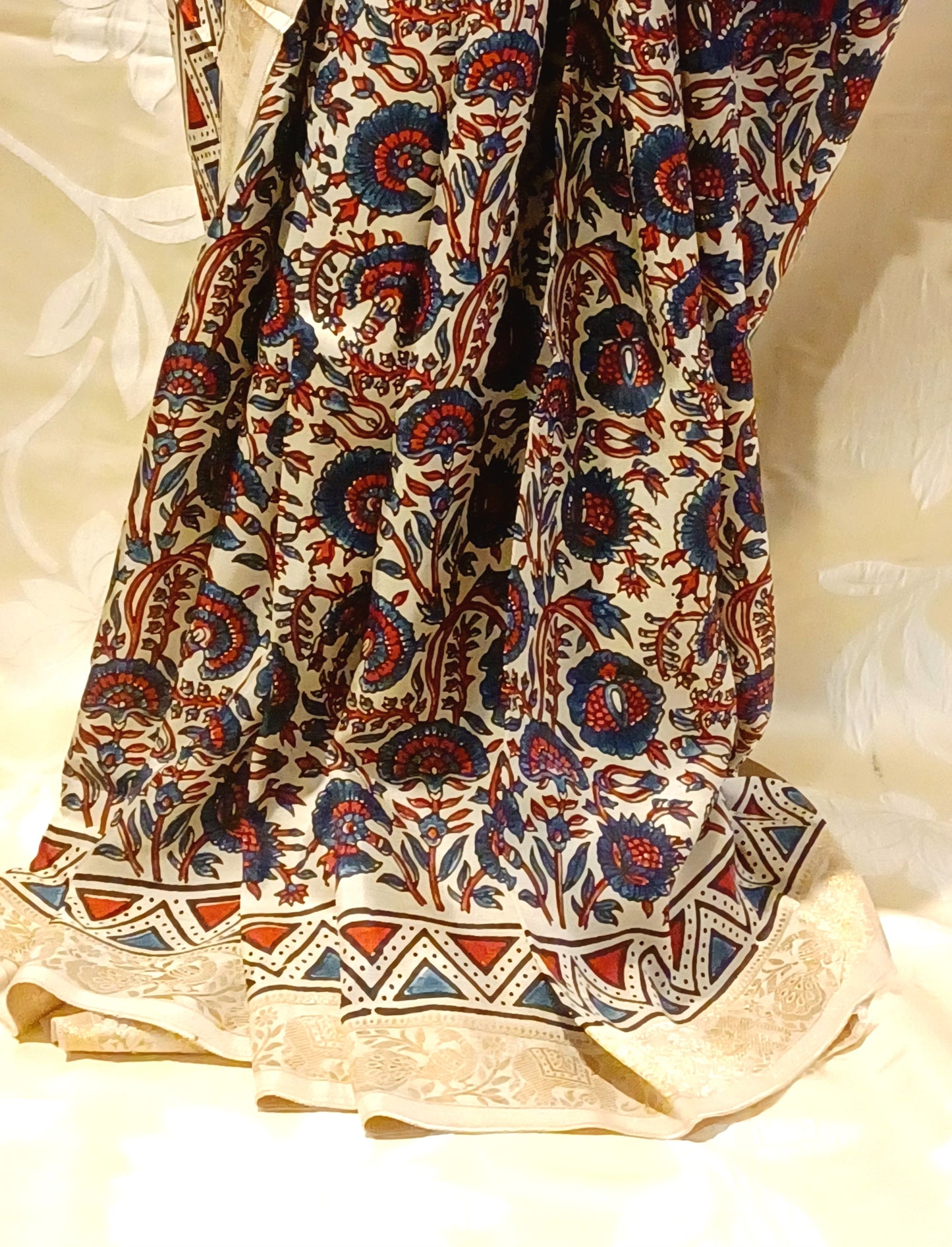 Off-white Dola Silk with Indigo and Red Ajrakh print saree