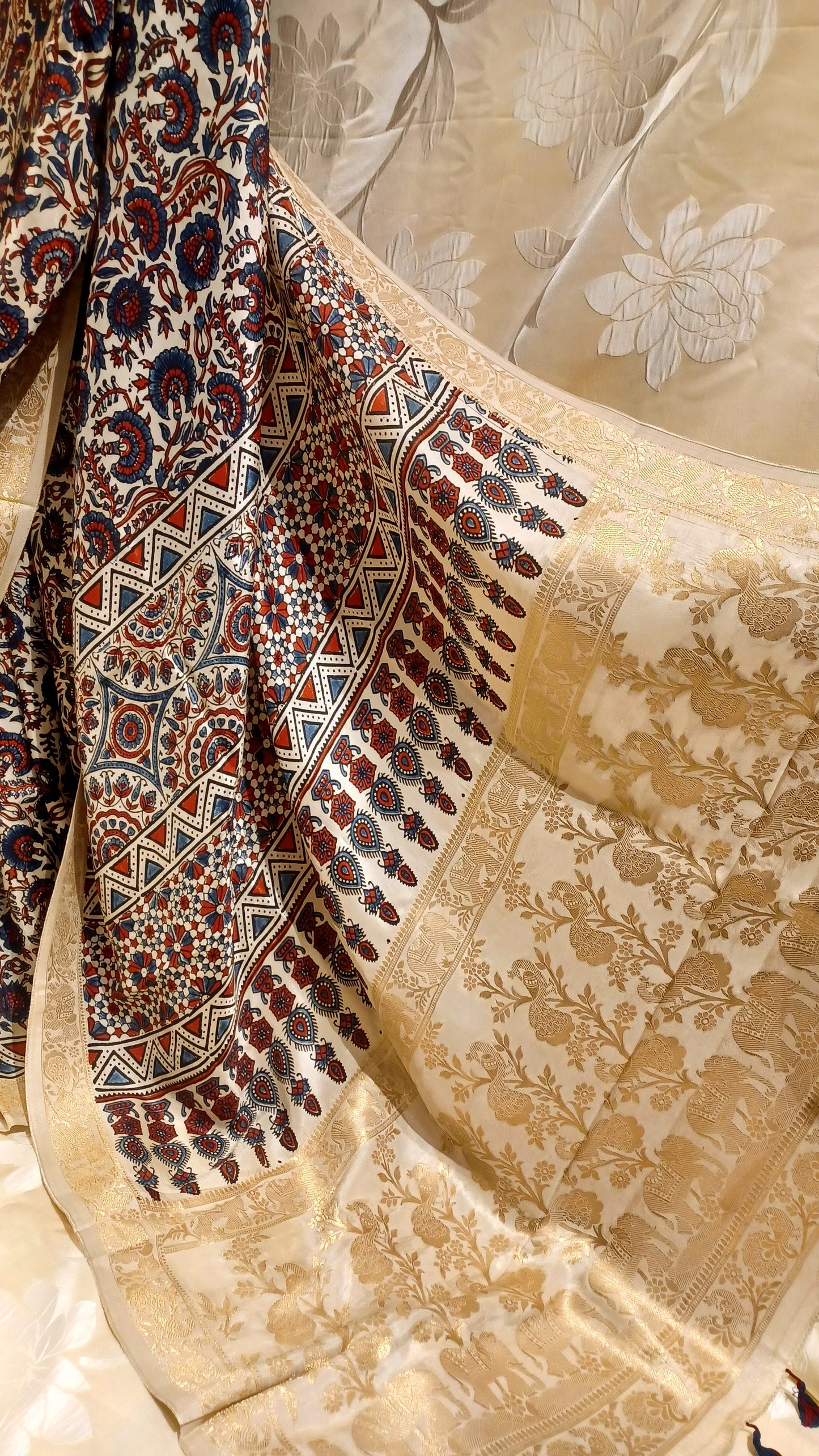 Off-white Dola Silk with Indigo and Red Ajrakh print saree