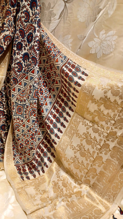 Off-white Dola Silk with Indigo and Red Ajrakh print saree