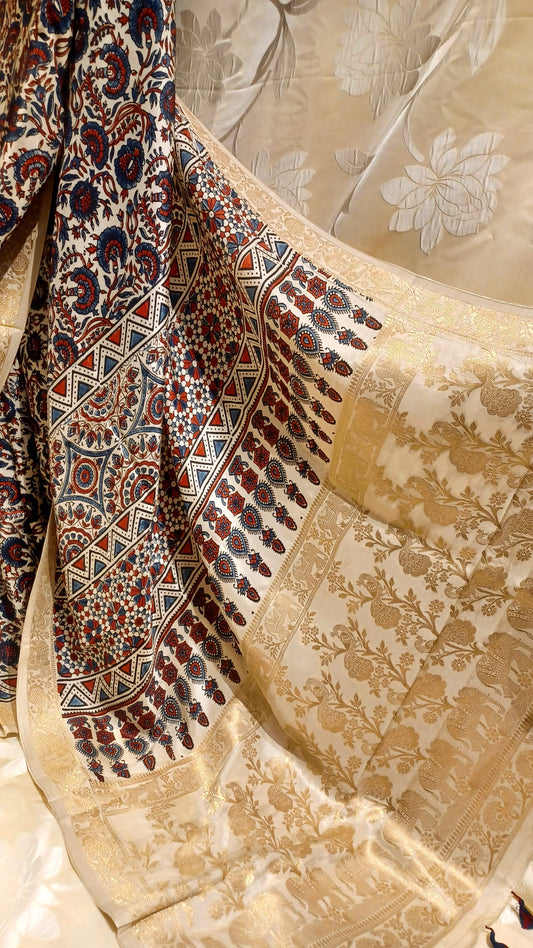 Off-white Dola Silk with Indigo and Red Ajrakh print saree