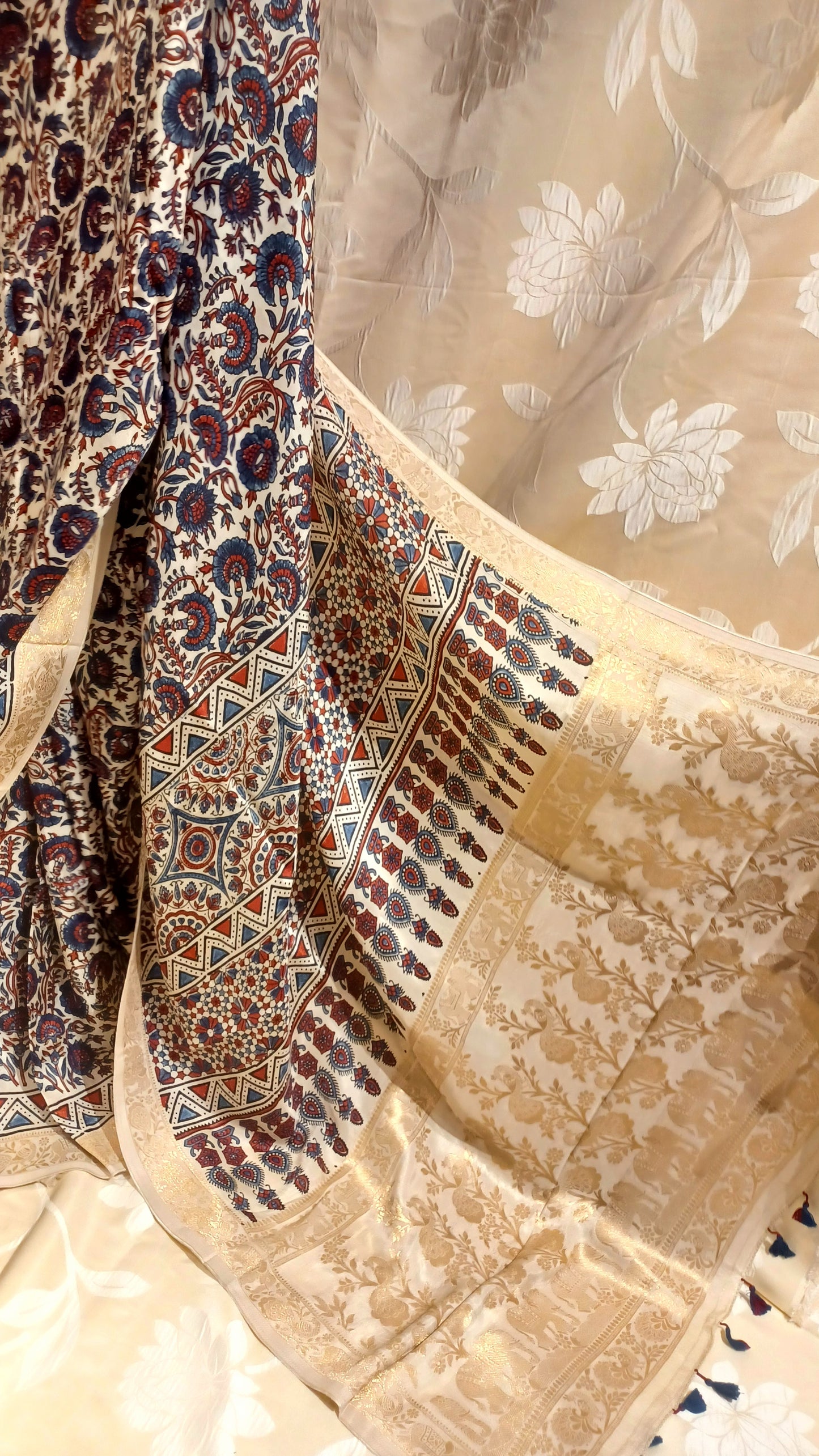 Off-white Dola Silk with Indigo and Red Ajrakh print saree