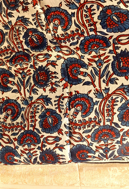 Off-white Dola Silk with Indigo and Red Ajrakh print saree