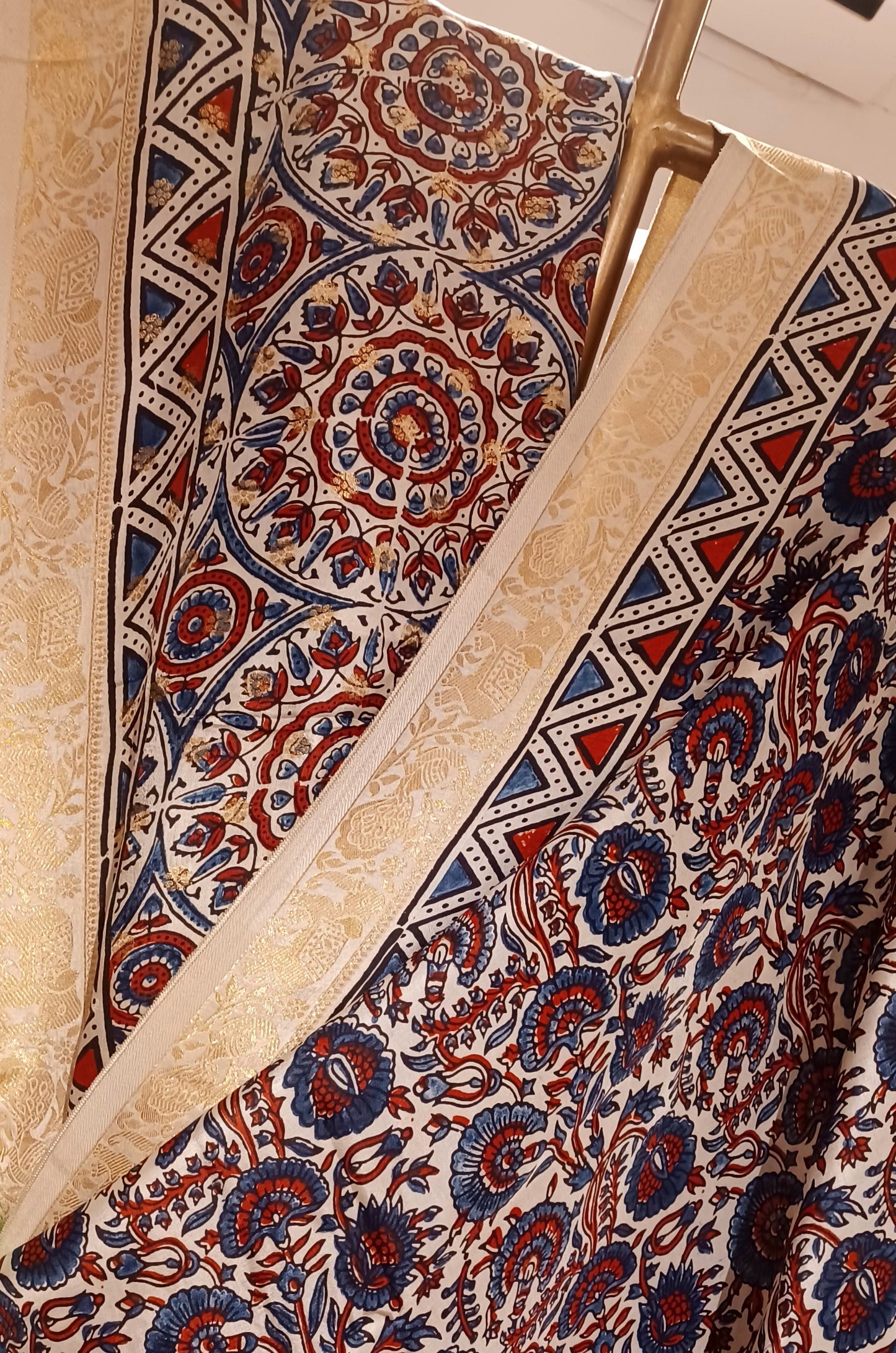 Off-white Dola Silk with Indigo and Red Ajrakh print saree