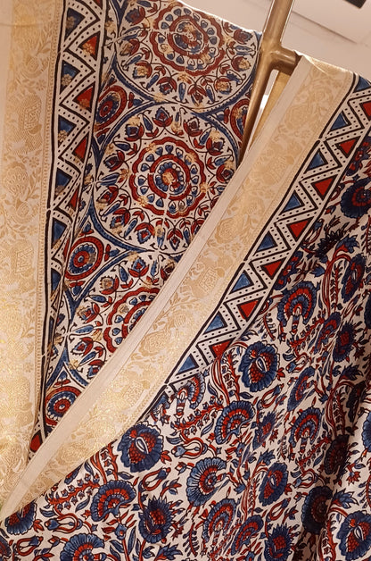 Off-white Dola Silk with Indigo and Red Ajrakh print saree
