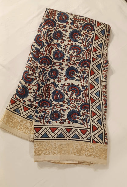 Off-white Dola Silk with Indigo and Red Ajrakh print saree