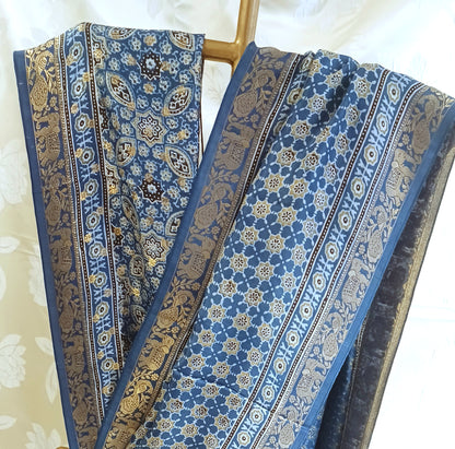 Indigo Blue Dola Silk Ajrakh print saree