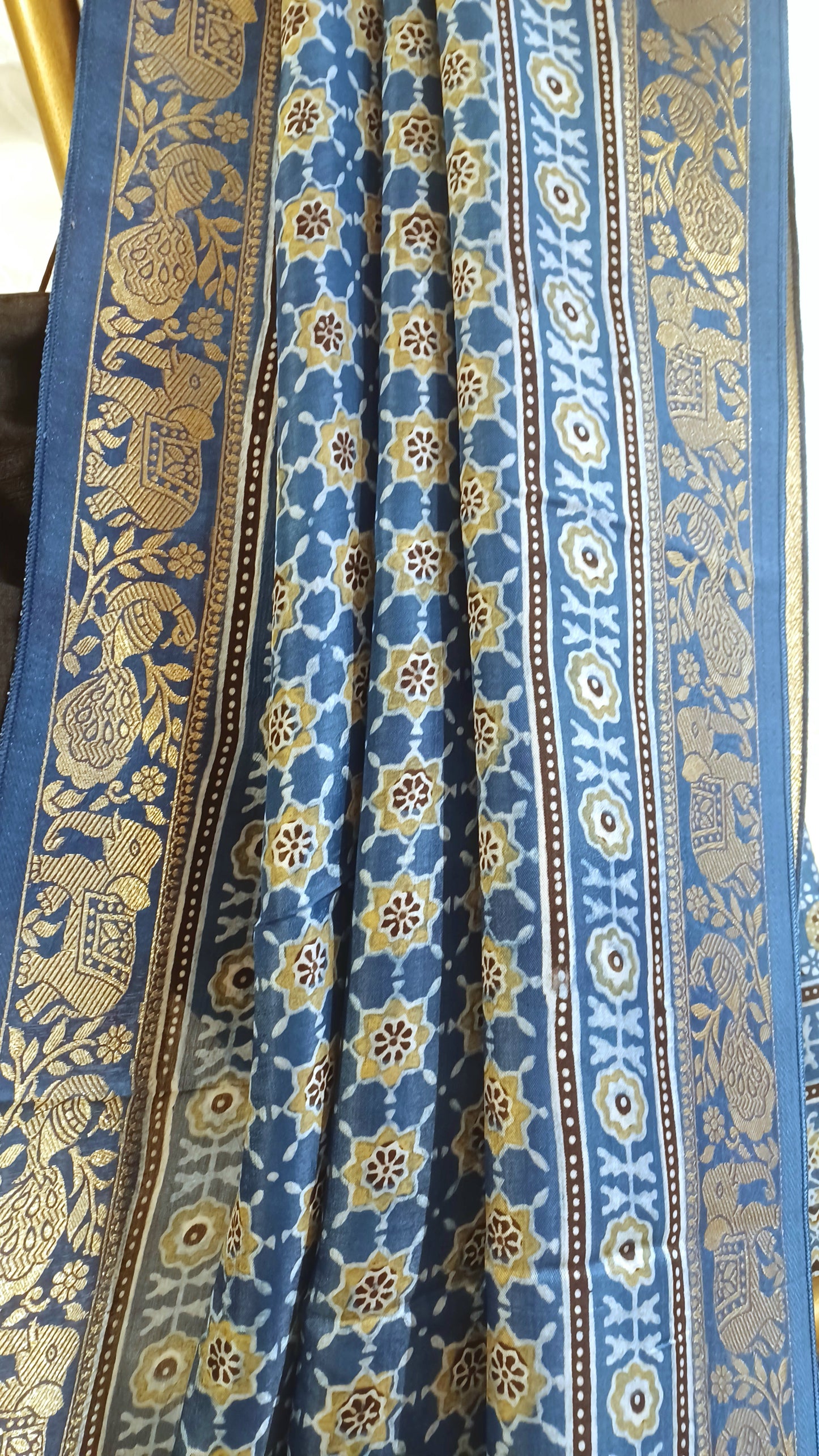 Indigo Blue Dola Silk Ajrakh print saree