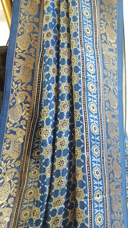 Indigo Blue Dola Silk Ajrakh print saree