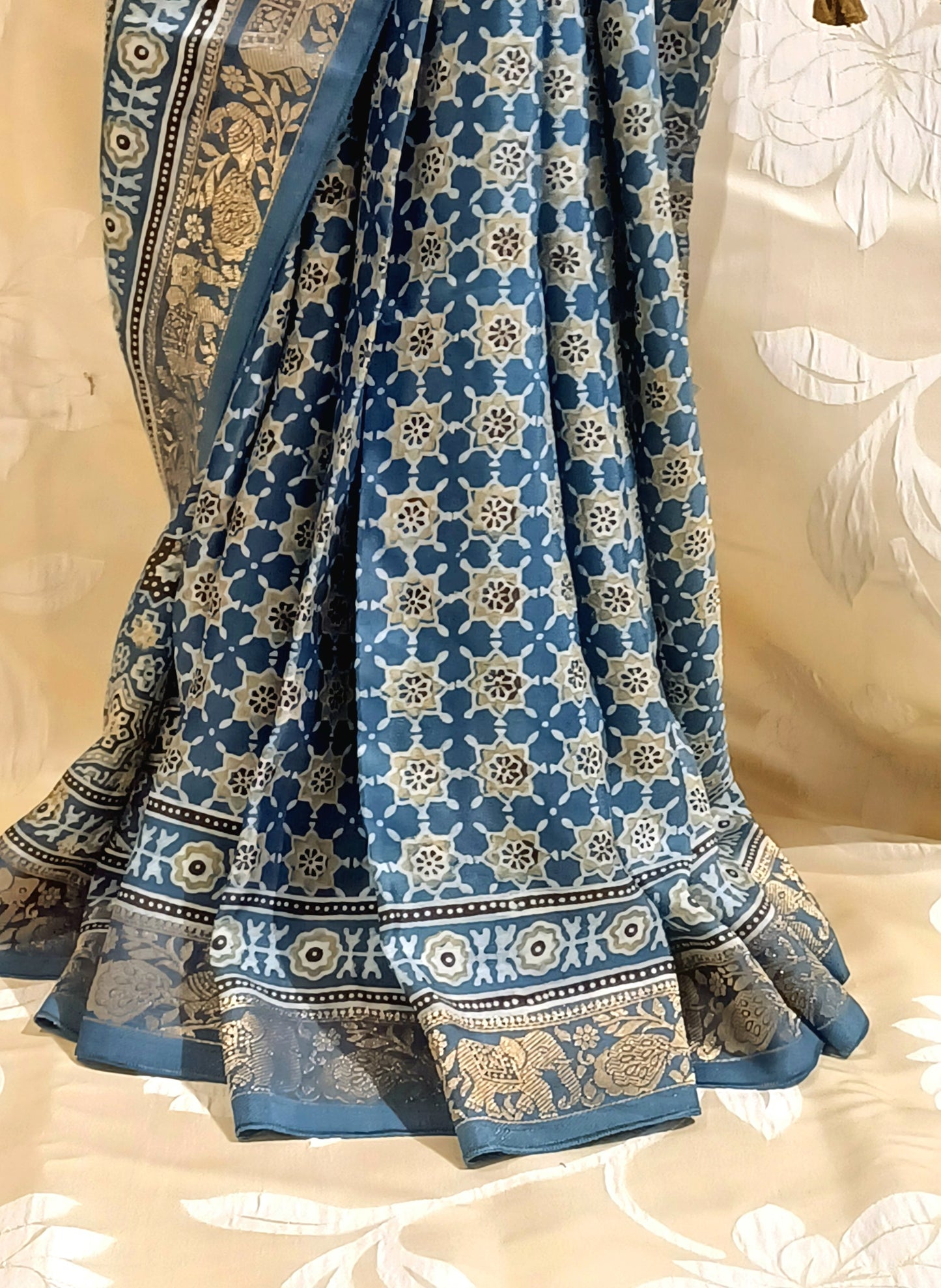 Indigo Blue Dola Silk Ajrakh print saree
