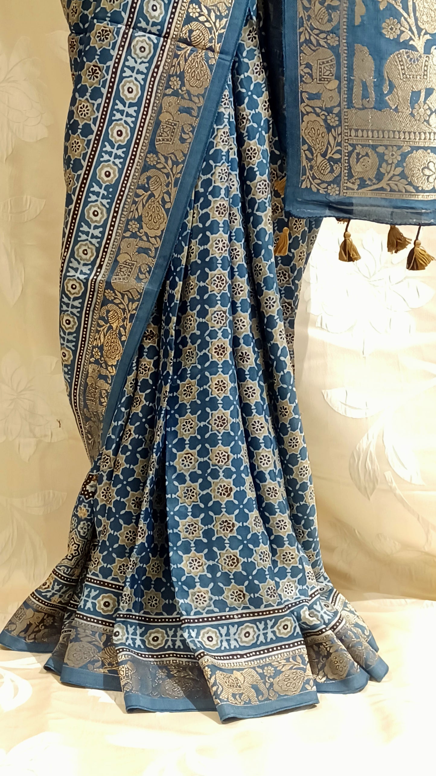Indigo Blue Dola Silk Ajrakh print saree