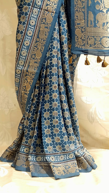 Indigo Blue Dola Silk Ajrakh print saree