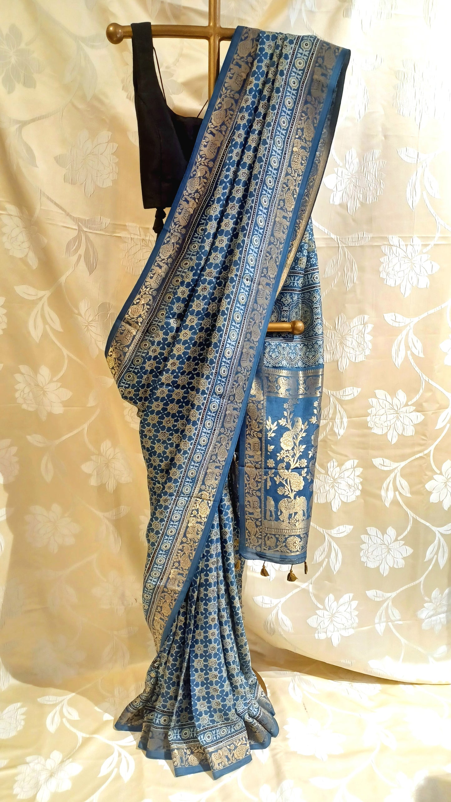 Indigo Blue Dola Silk Ajrakh print saree