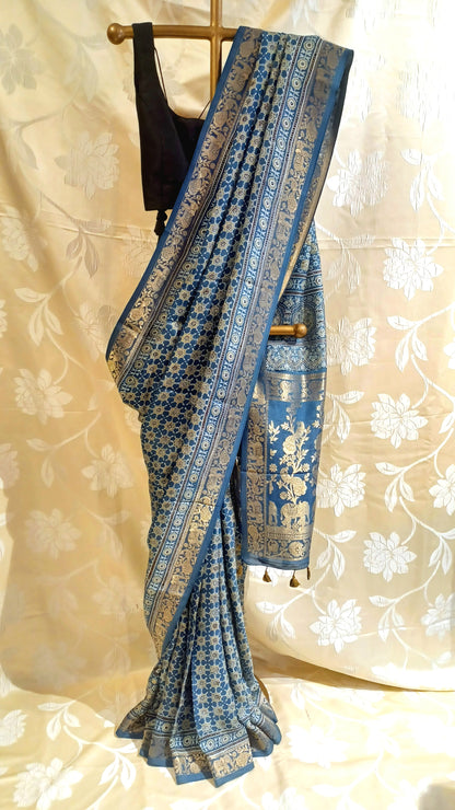 Indigo Blue Dola Silk Ajrakh print saree