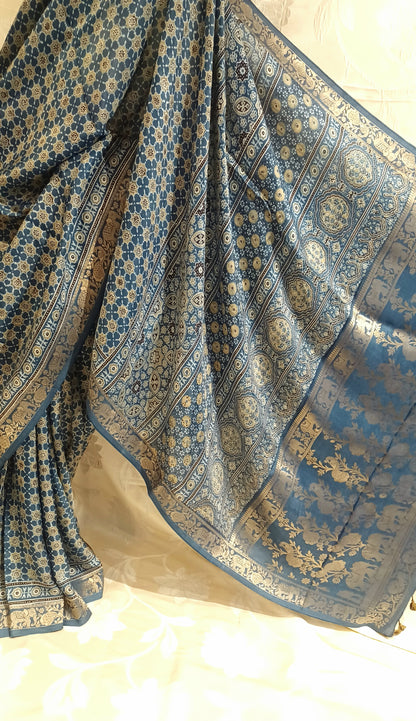 Indigo Blue Dola Silk Ajrakh print saree