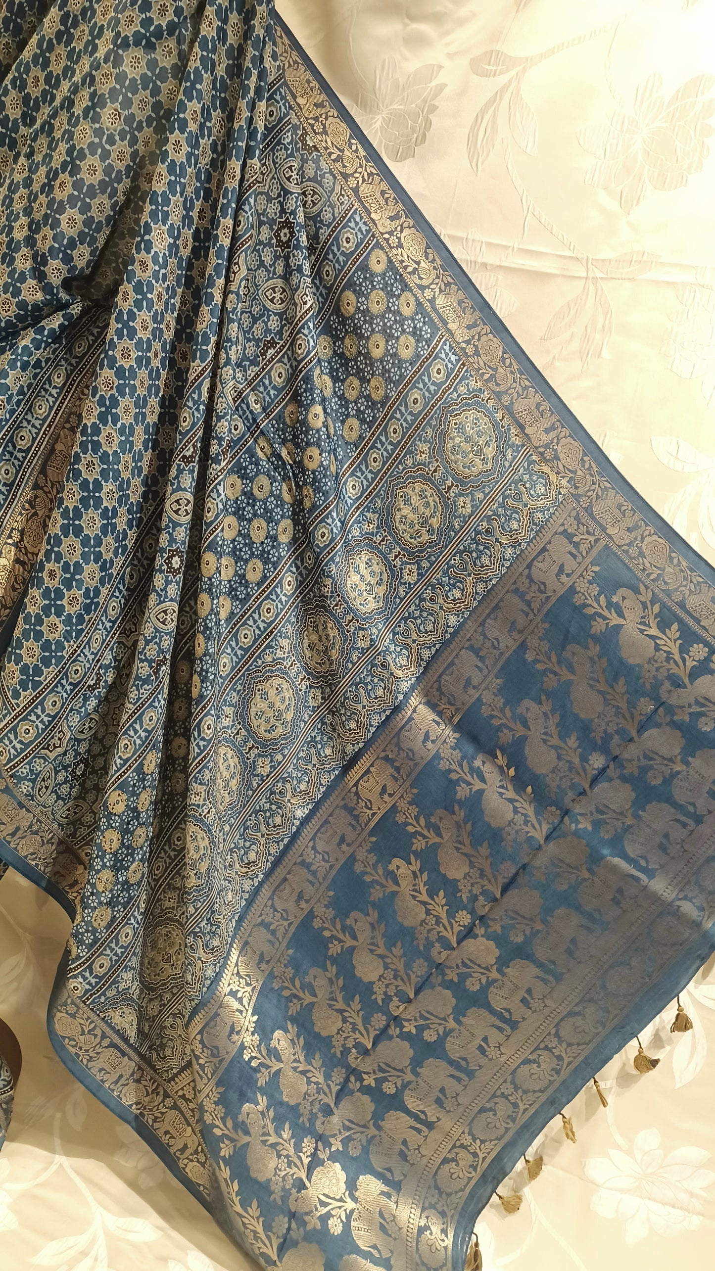 Indigo Blue Dola Silk Ajrakh print saree