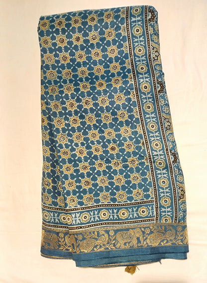Indigo Blue Dola Silk Ajrakh print saree