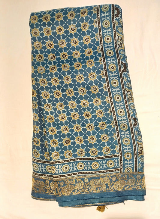 Indigo Blue Dola Silk Ajrakh print saree