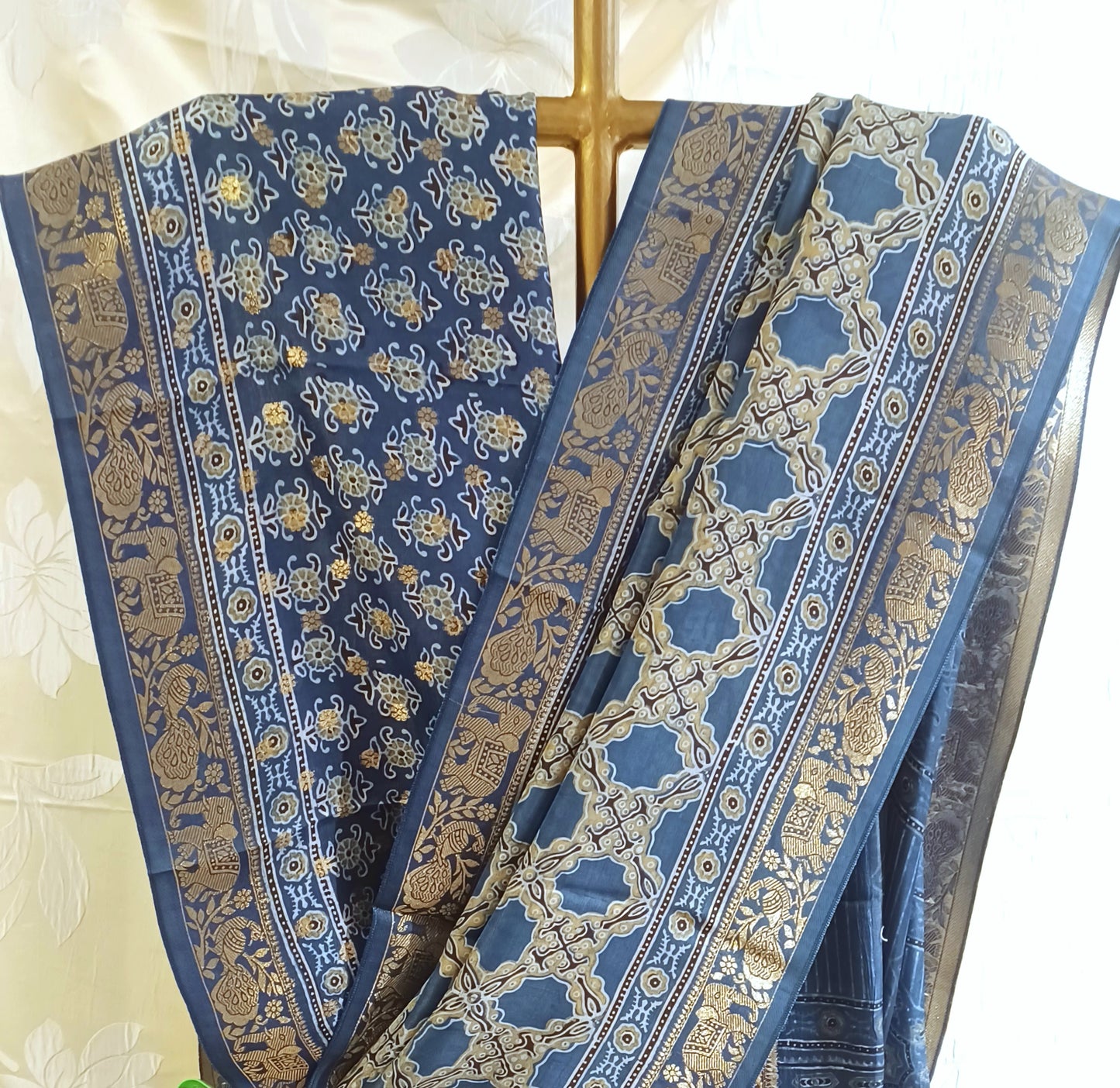 Indigo Blue Dola Silk Ajrakh print saree