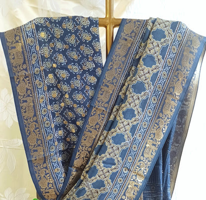 Indigo Blue Dola Silk Ajrakh print saree
