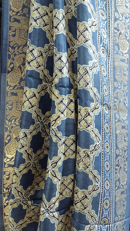 Indigo Blue Dola Silk Ajrakh print saree