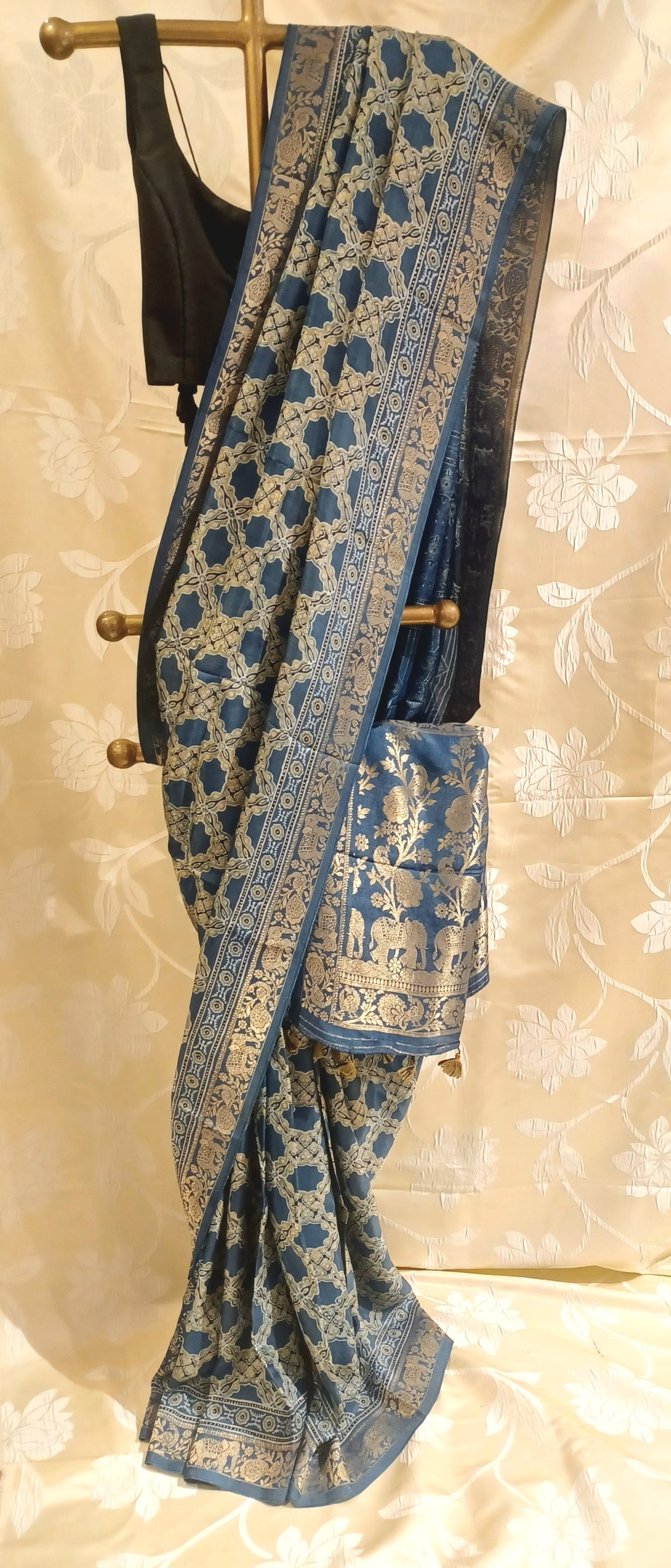 Indigo Blue Dola Silk Ajrakh print saree
