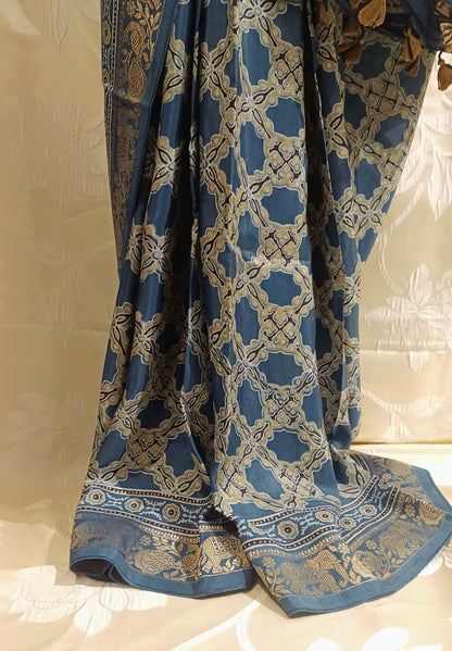 Indigo Blue Dola Silk Ajrakh print saree