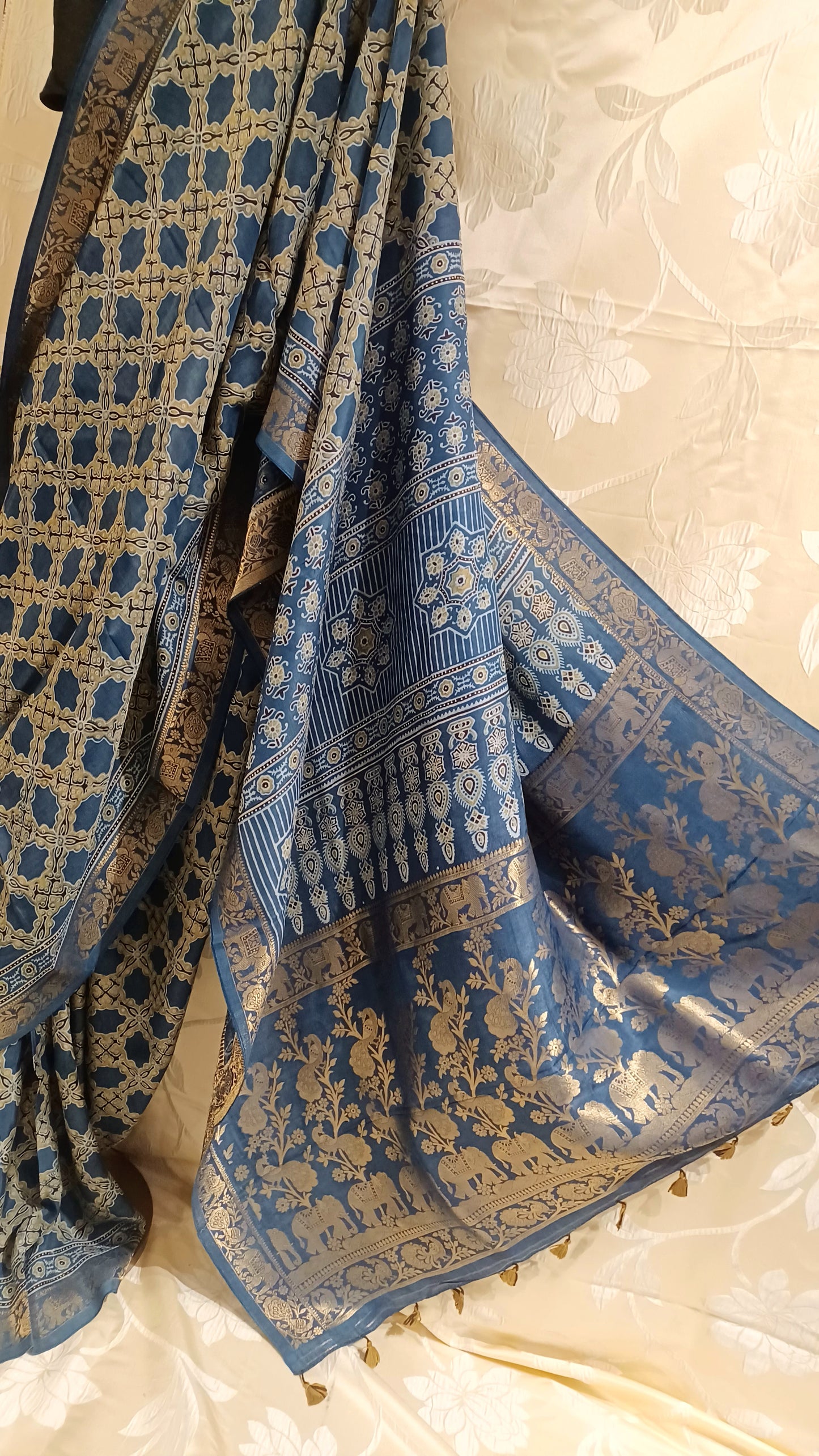 Indigo Blue Dola Silk Ajrakh print saree