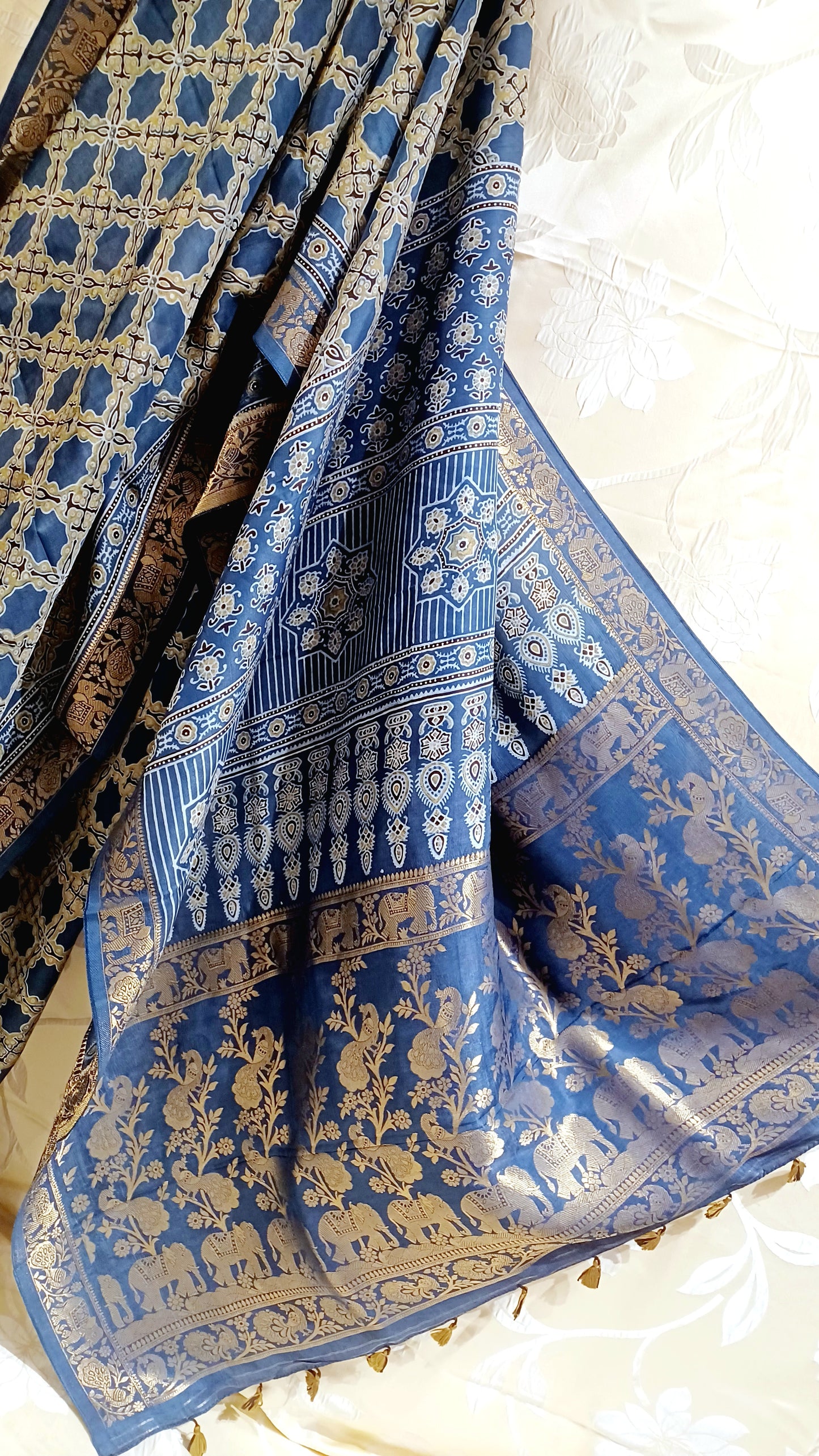Indigo Blue Dola Silk Ajrakh print saree