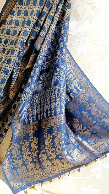 Indigo Blue Dola Silk Ajrakh print saree