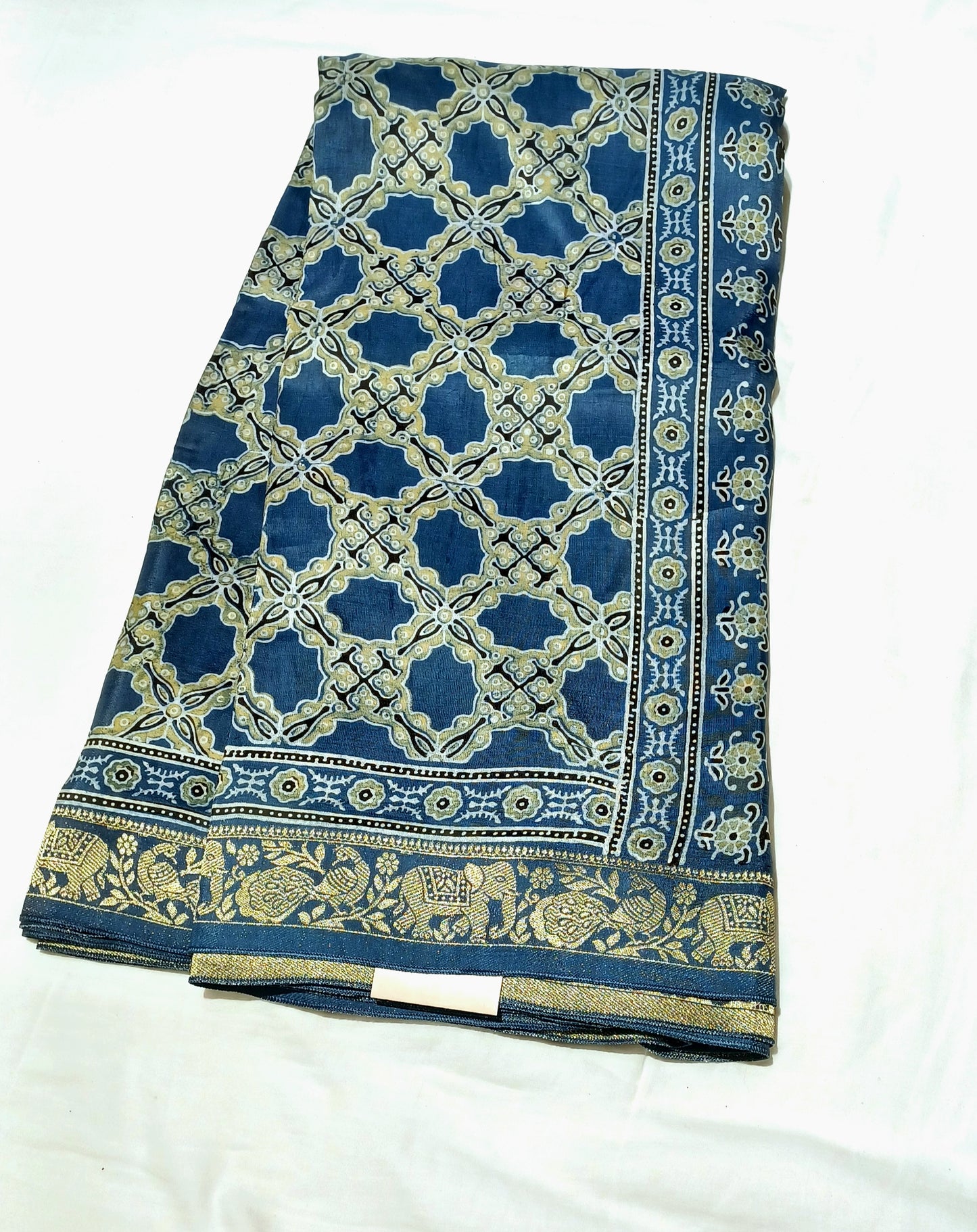 Indigo Blue Dola Silk Ajrakh print saree