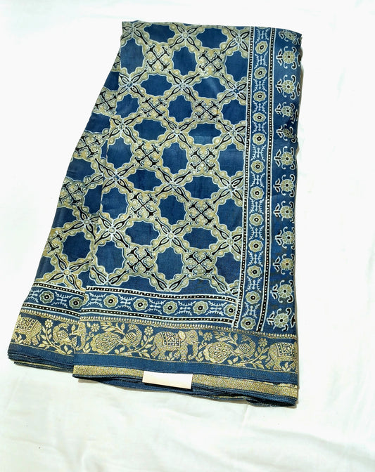 Indigo Blue Dola Silk Ajrakh print saree