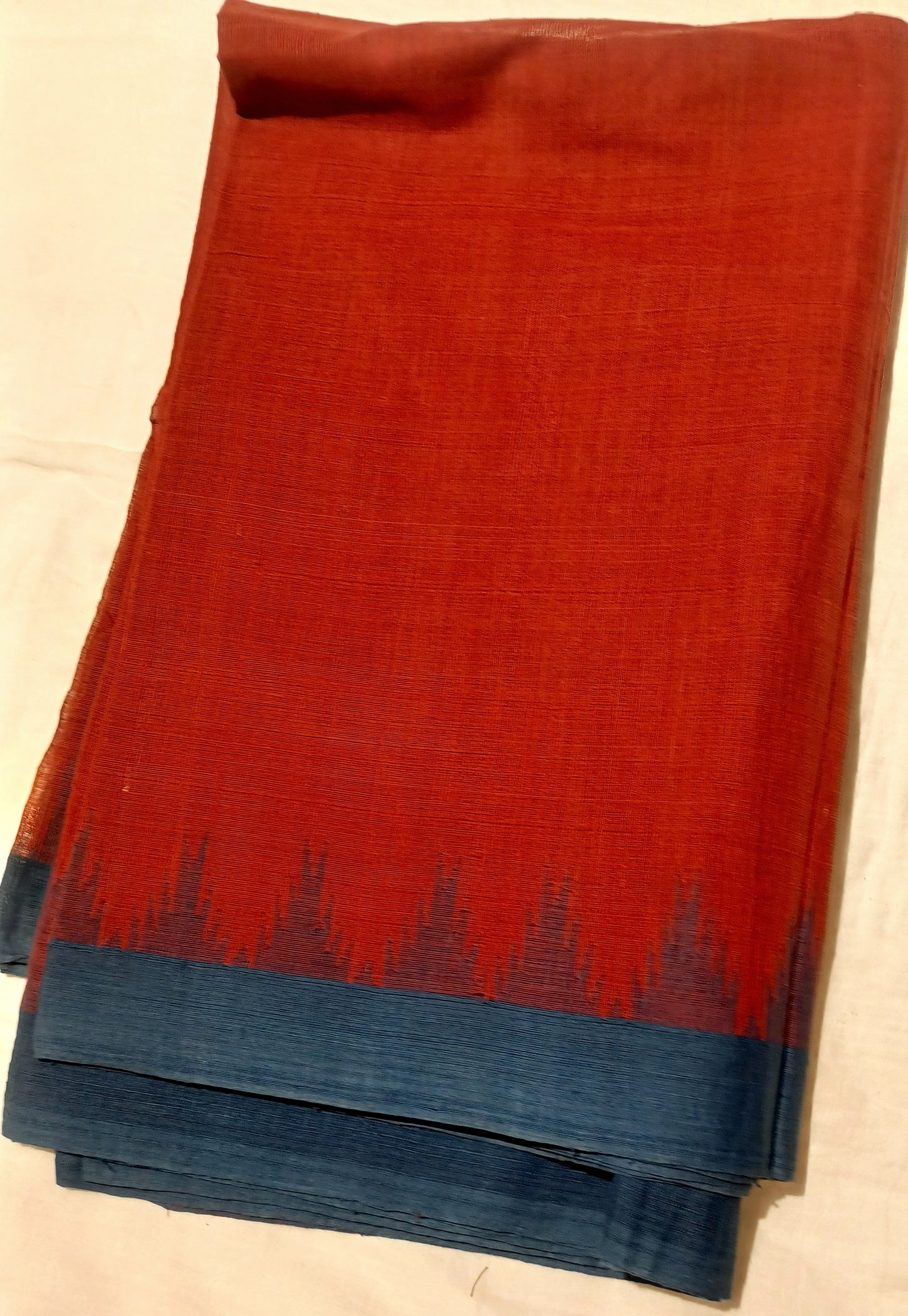 Maroon Red with Indigo blue temple border Ponduru Handspun Handwoven cotton Saree