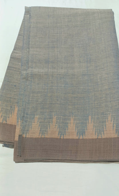 Grey indigo with pale pink temple border Ponduru Handspun Handwoven cotton Saree